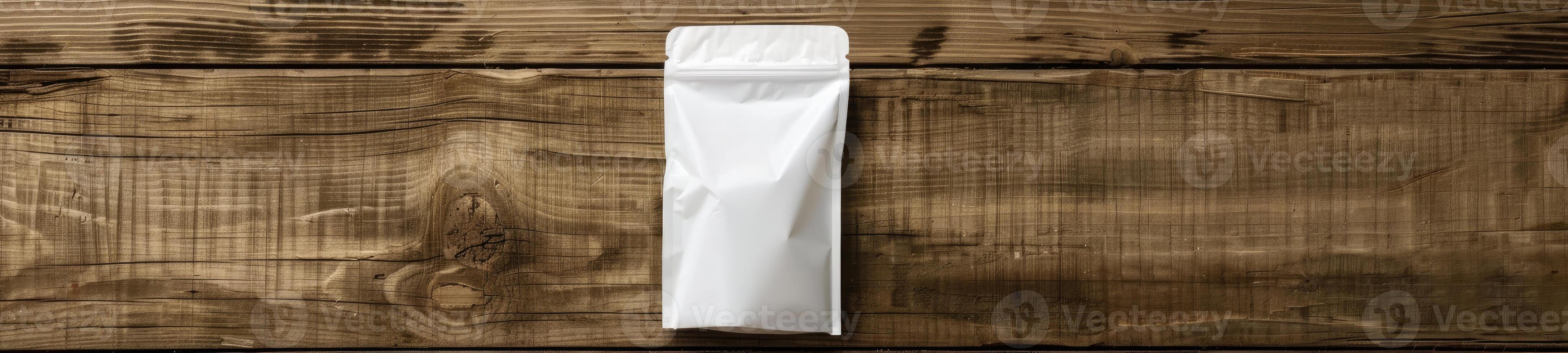 AI generated white packaging bag mockup, on a wooden table photo