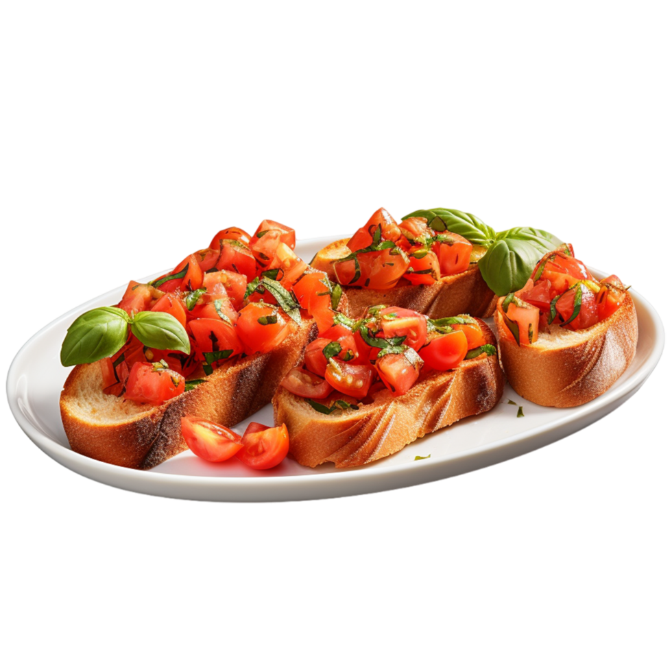 ai gegenereerd Italiaans bruschetta een houten bord met tomaten en basilicum Aan het geïsoleerd Aan transparant achtergrond png