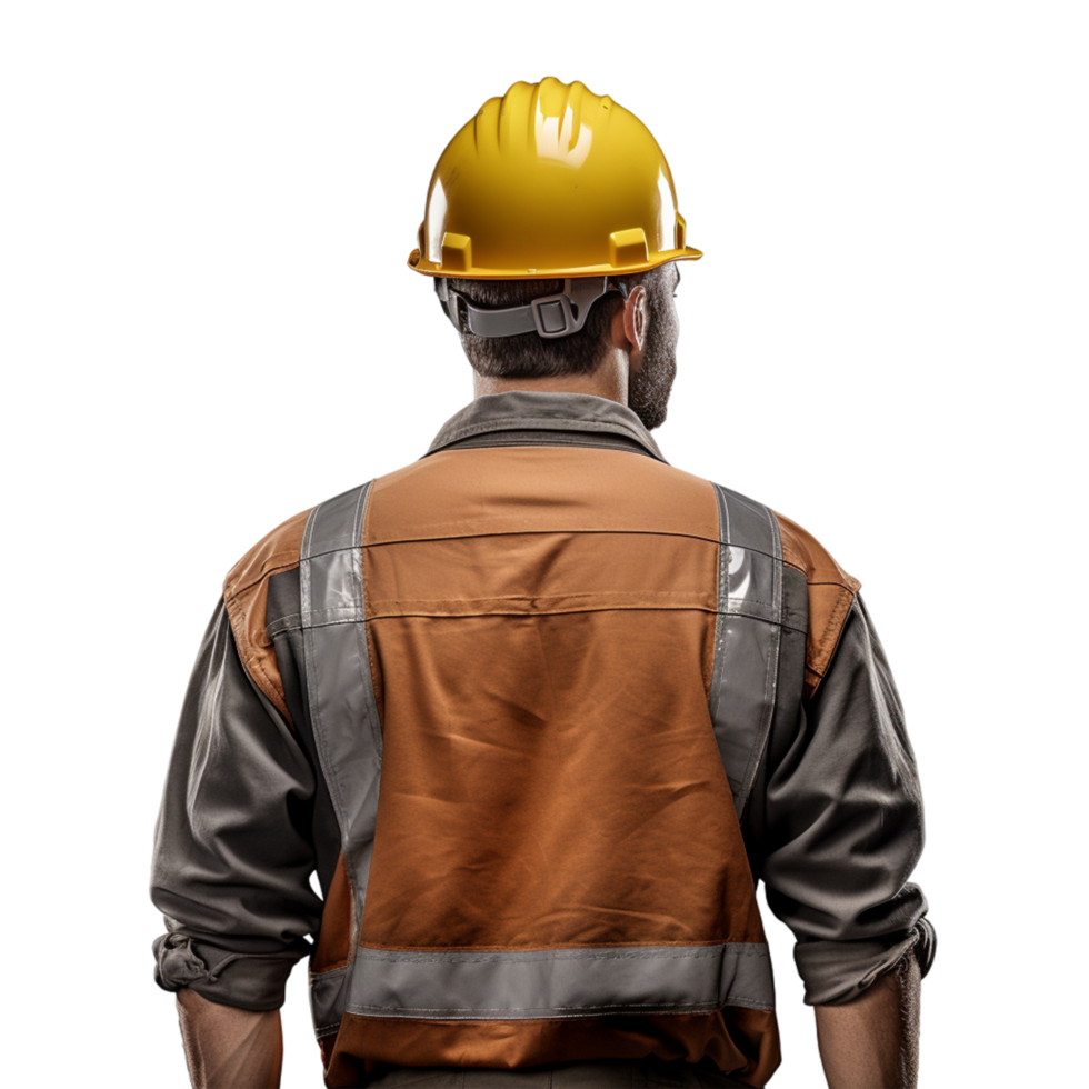 AI generated Back view male construction worker arms crossed wearing protective clothes helmet isolated png