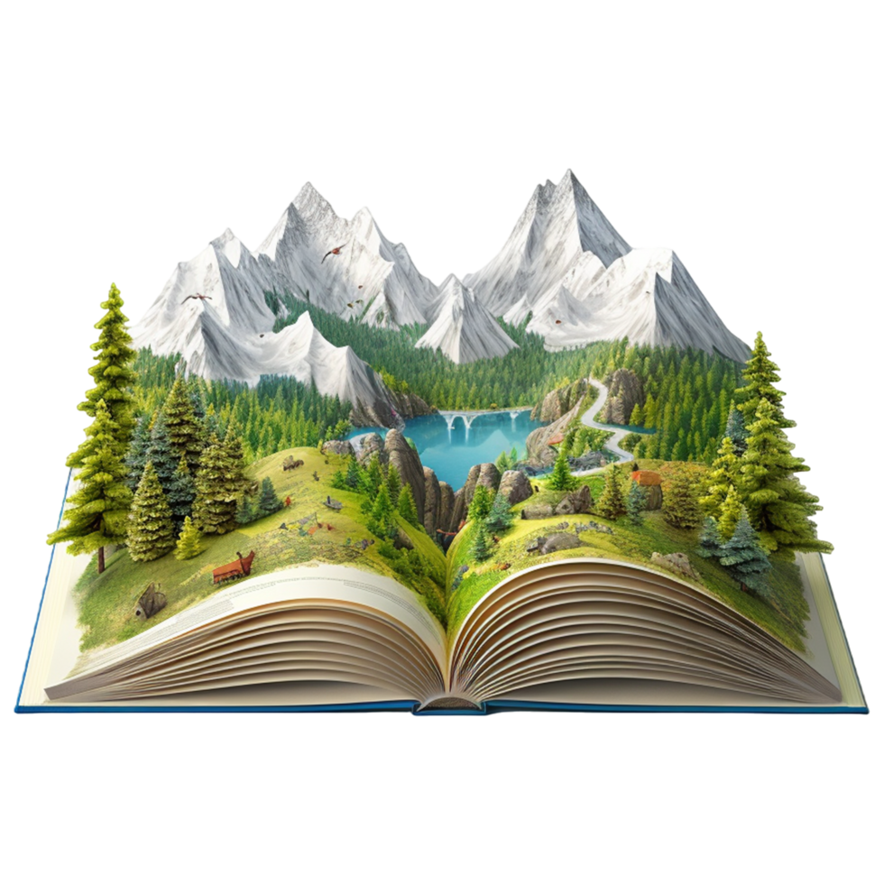AI generated mountain nature on opened book of knowledge isolated on transparent background png