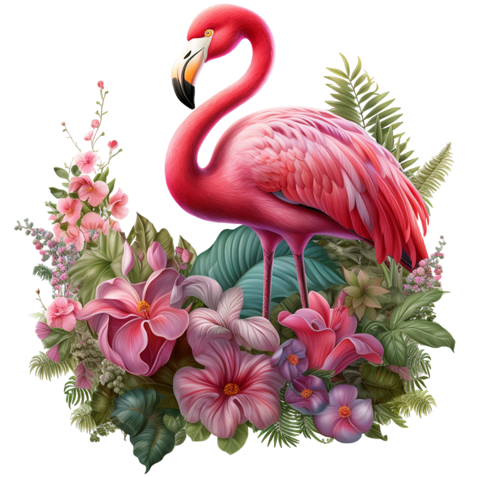 AI generated Cute pink flamingo with flowers cute floral flamingo isolated on transparent background png