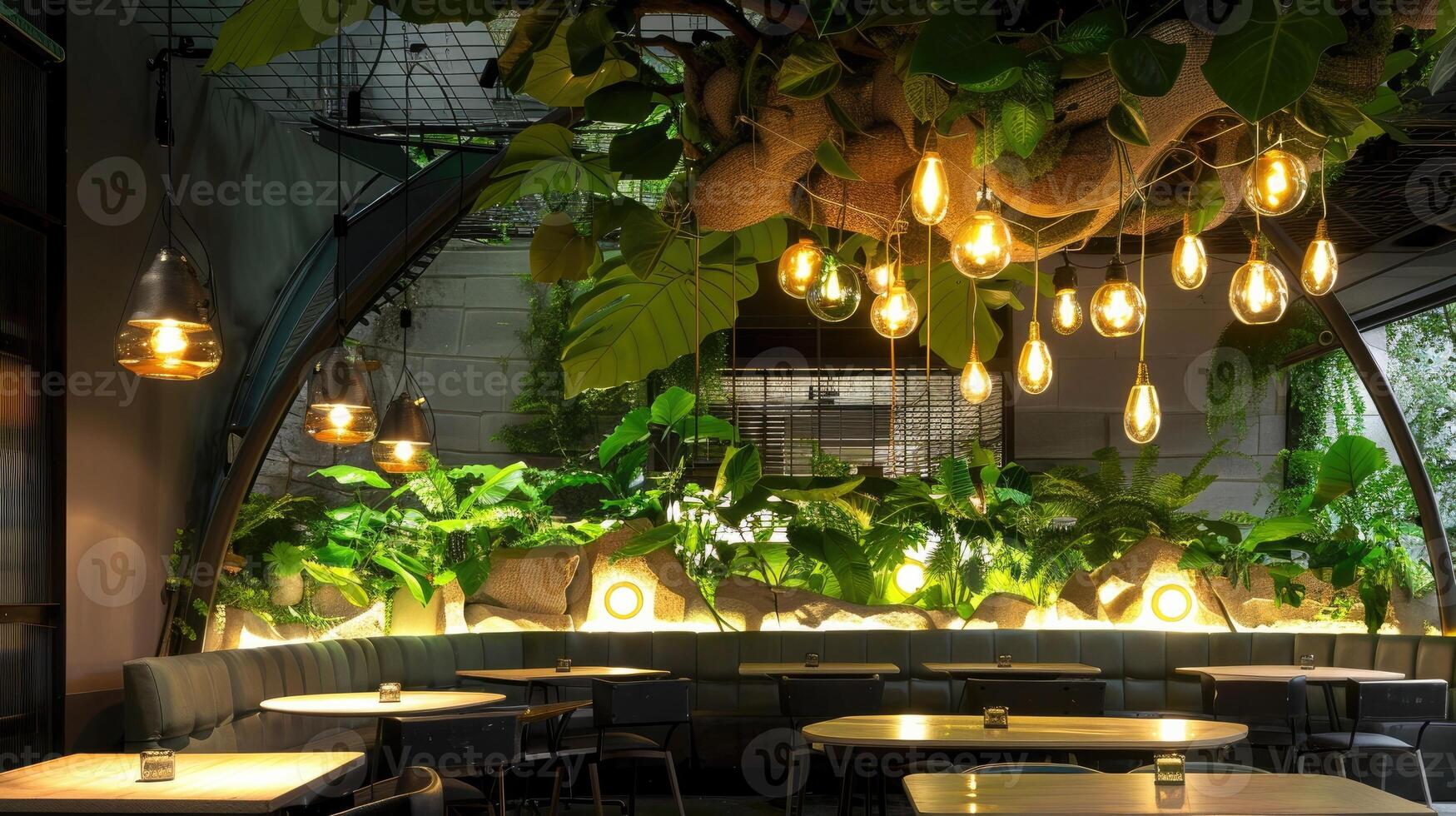 AI generated eco restaurant with lights photo