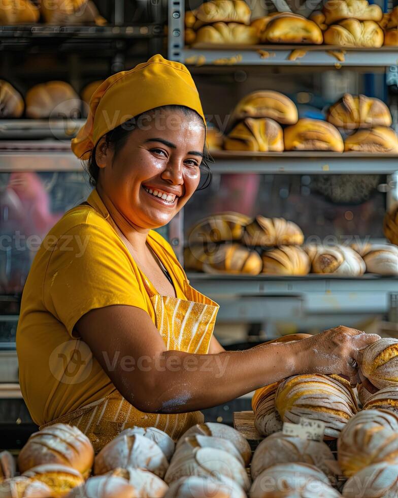 AI generated A baker in a bakery, she is baking bread with a smile photo