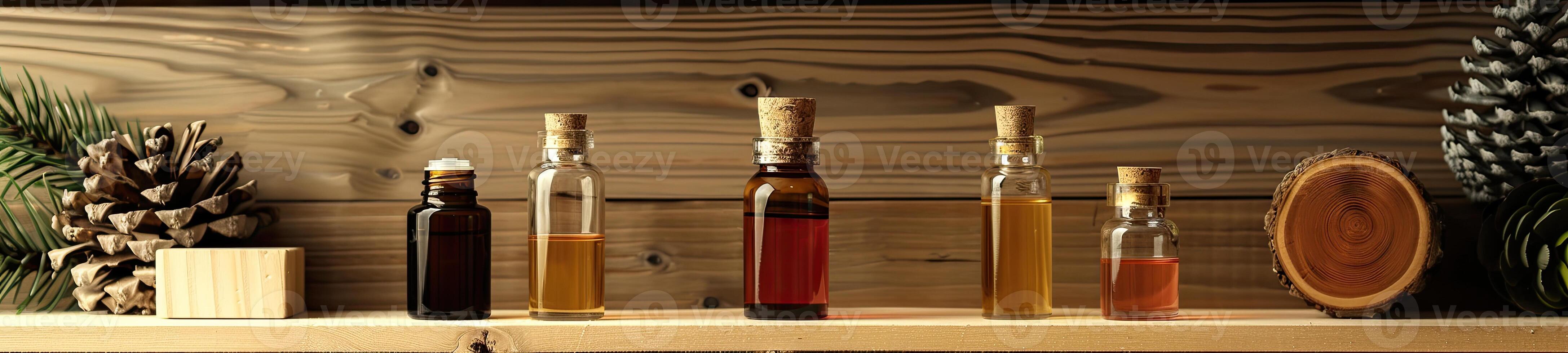 AI generated bottles of essential oils, mockup, on wooden table photo