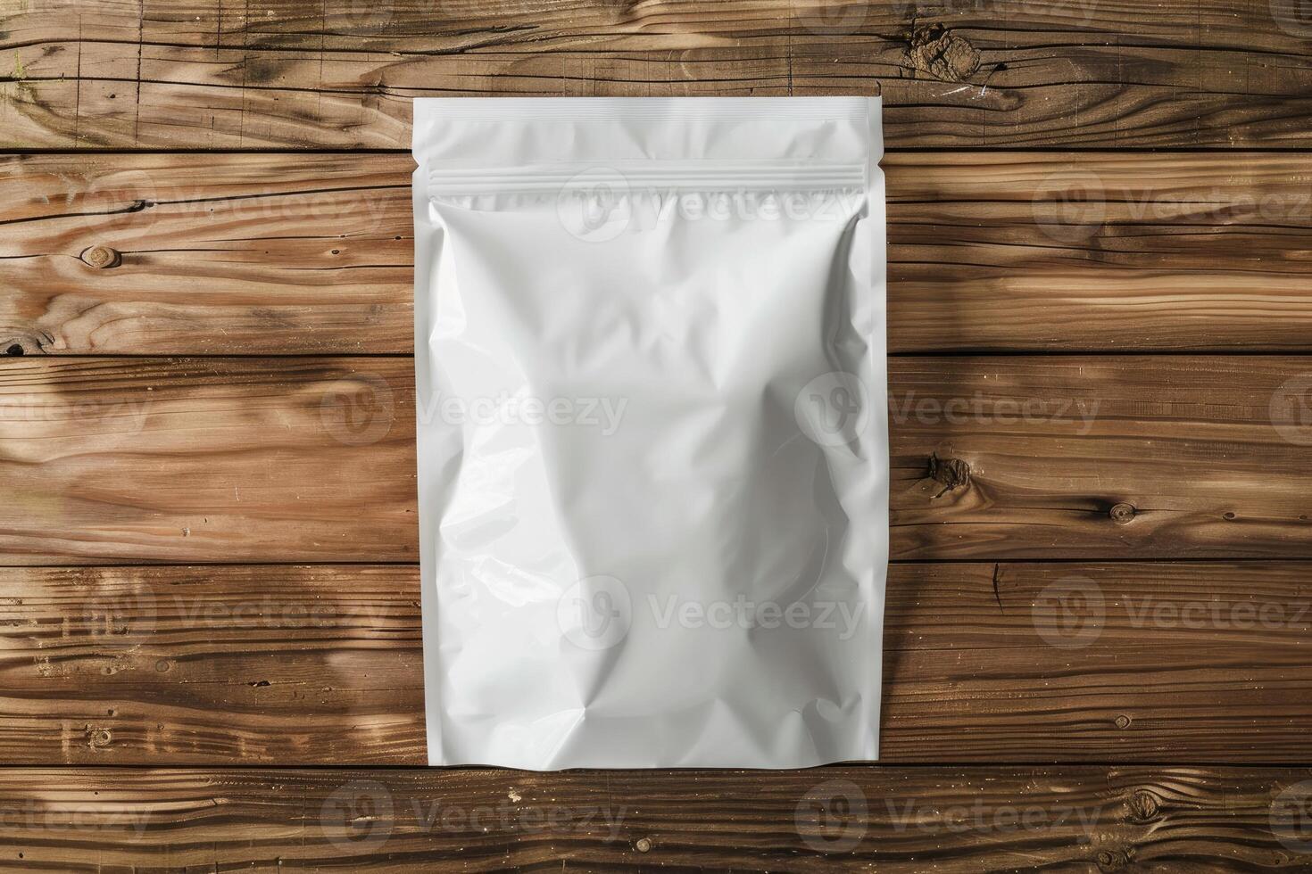 AI generated white packaging bag mockup, on a wooden table photo