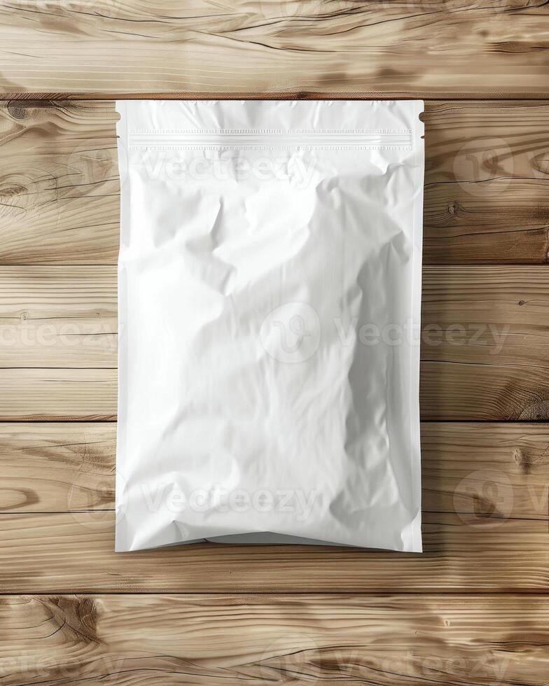 AI generated white packaging bag mockup, on a wooden table photo