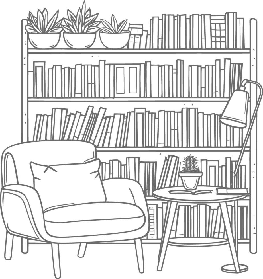 AI generated Outline Illustration for The study room has bookshelves and many book in there vector