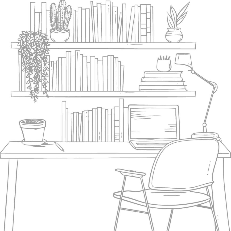 AI generated Outline Illustration for The study room has bookshelves and many book in there vector