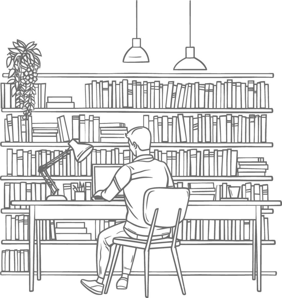 ai generado contorno ilustración para el estudiar habitación tiene estantería y muchos libro en allí vector