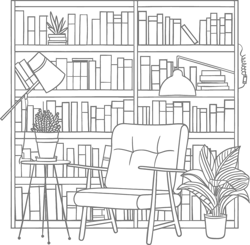 AI generated Outline Illustration for The study room has bookshelves and many book in there vector