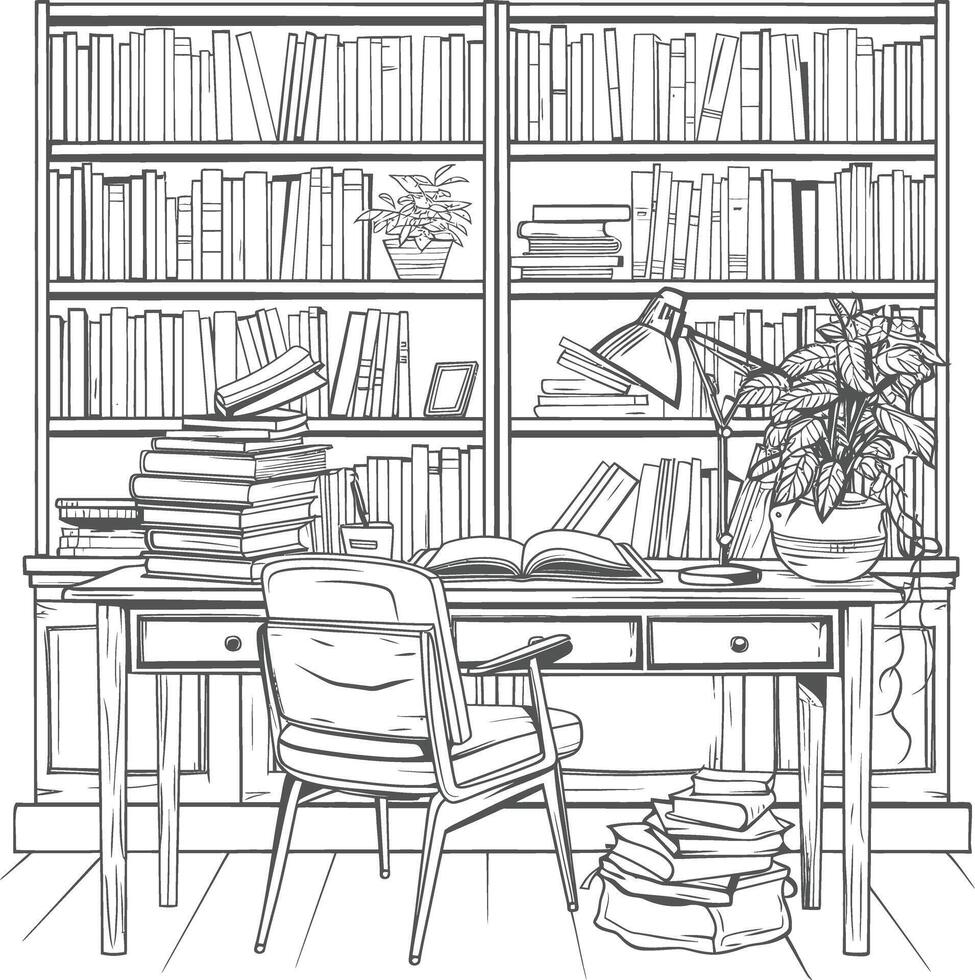 AI generated Outline Illustration for The study room has bookshelves and many book in there vector