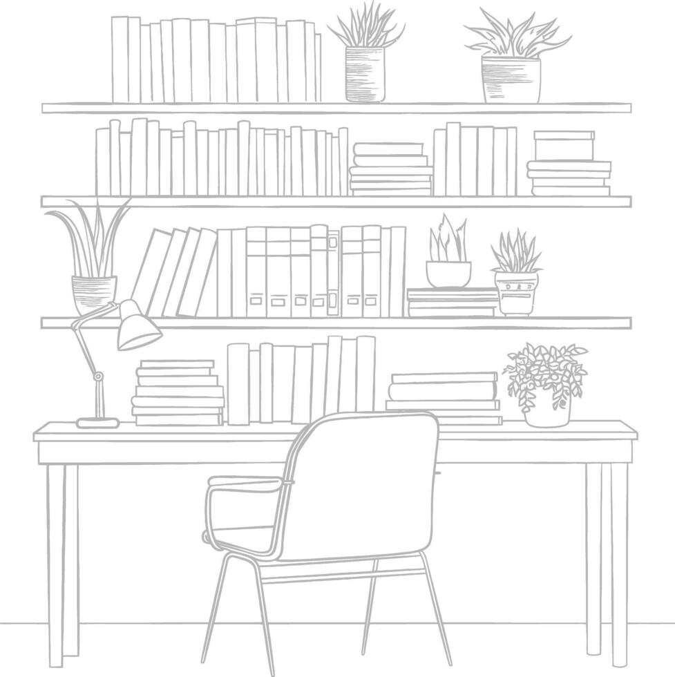 ai generado contorno ilustración para el estudiar habitación tiene estantería y muchos libro en allí vector