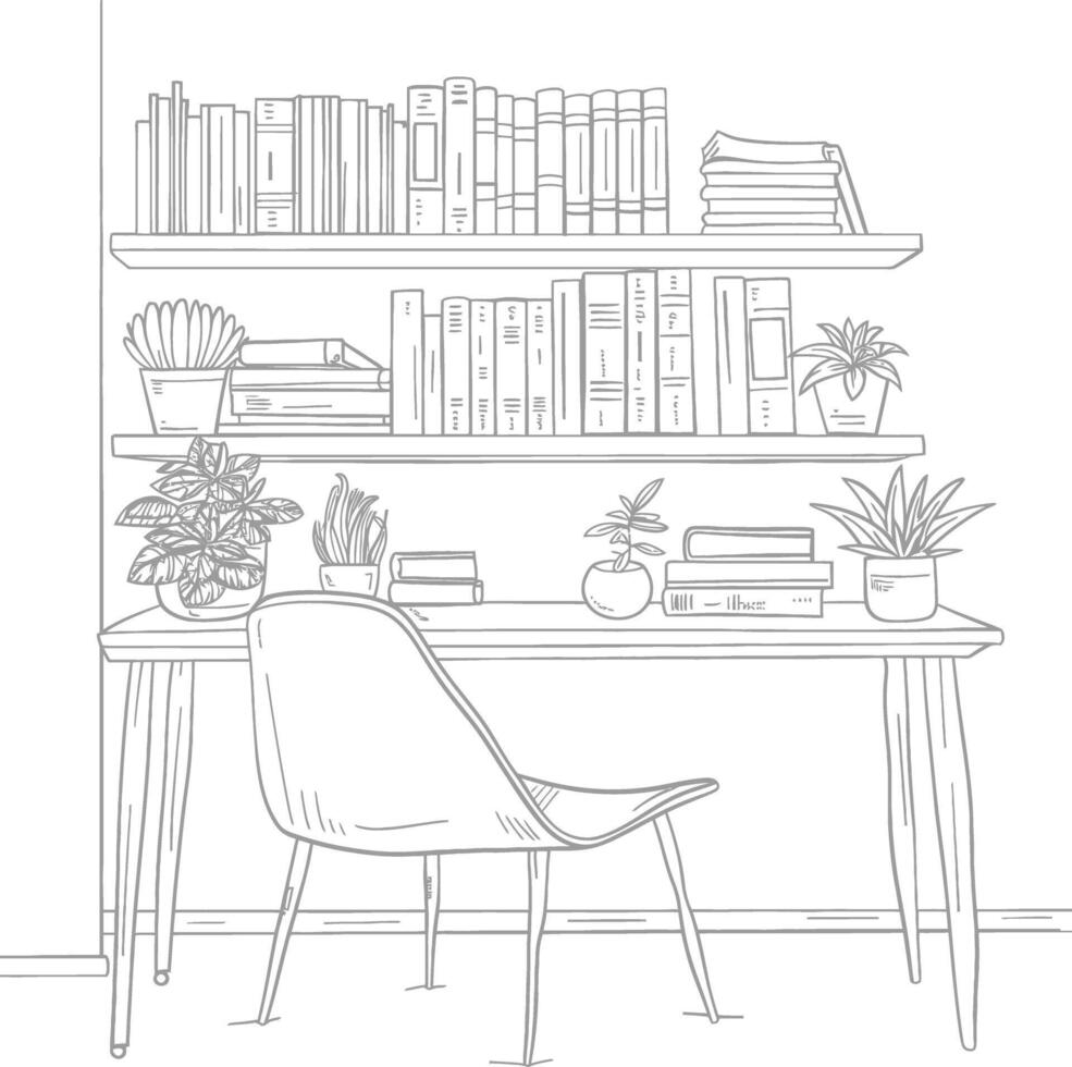 ai generado contorno ilustración para el estudiar habitación tiene estantería y muchos libro en allí vector