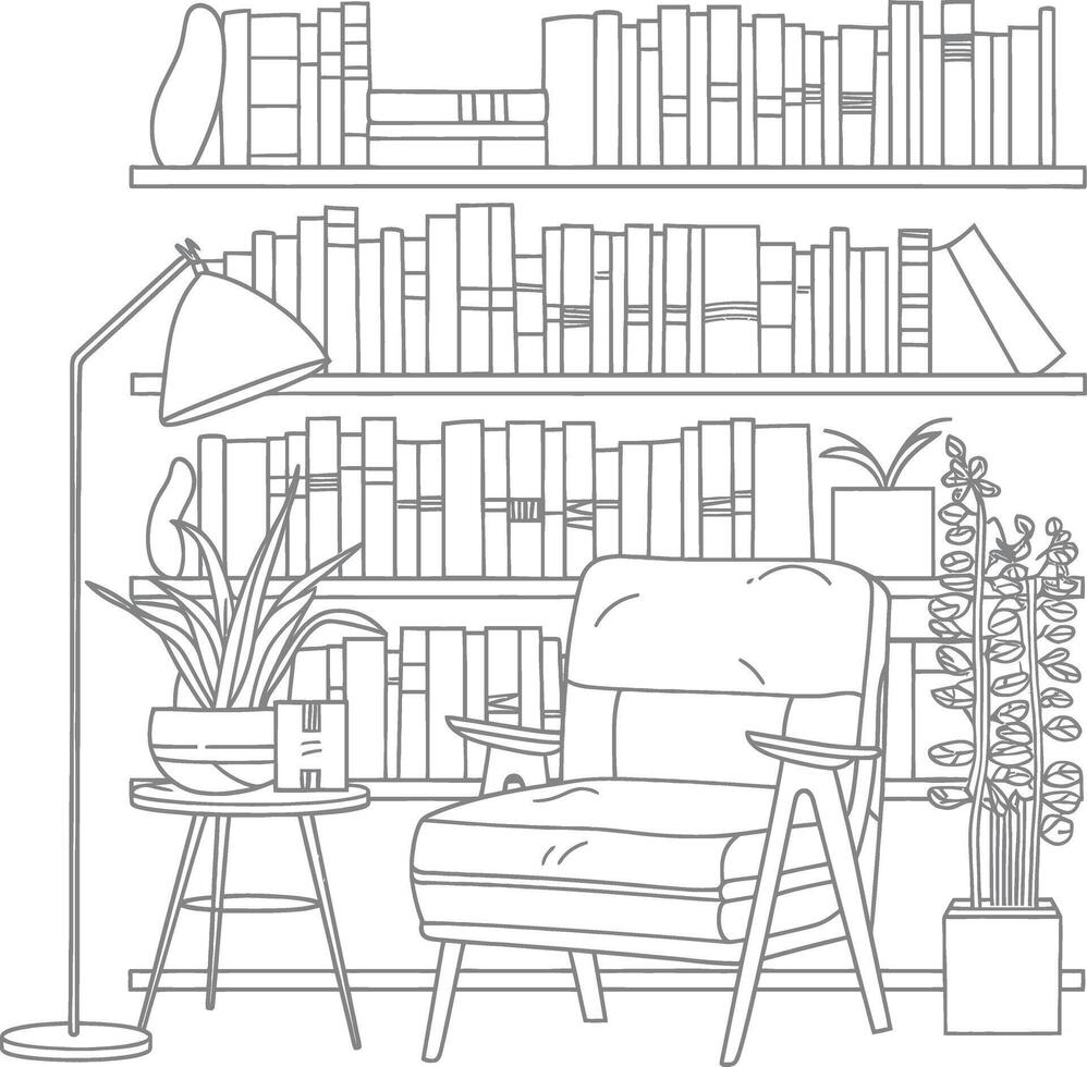 AI generated Outline Illustration for The study room has bookshelves and many book in there vector