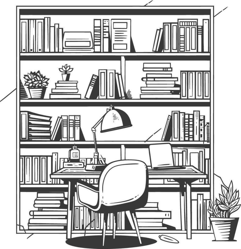 AI generated Outline Illustration for The study room has bookshelves and many book in there vector