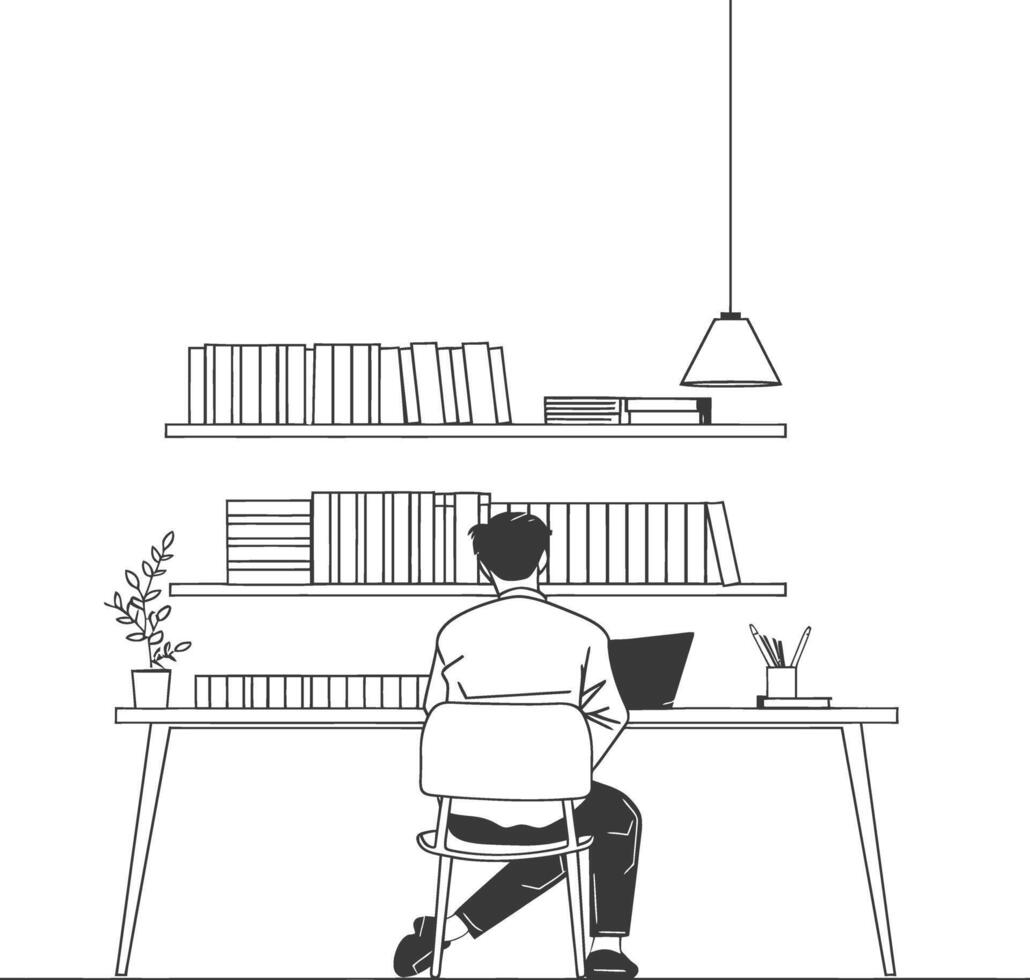 AI generated Outline Illustration for The study room has bookshelves and many book in there vector