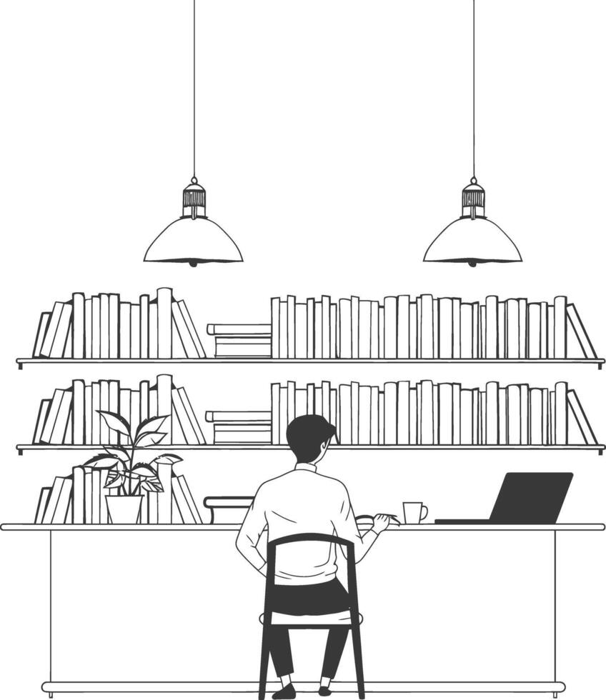 AI generated Outline Illustration for The study room has bookshelves and many book in there vector