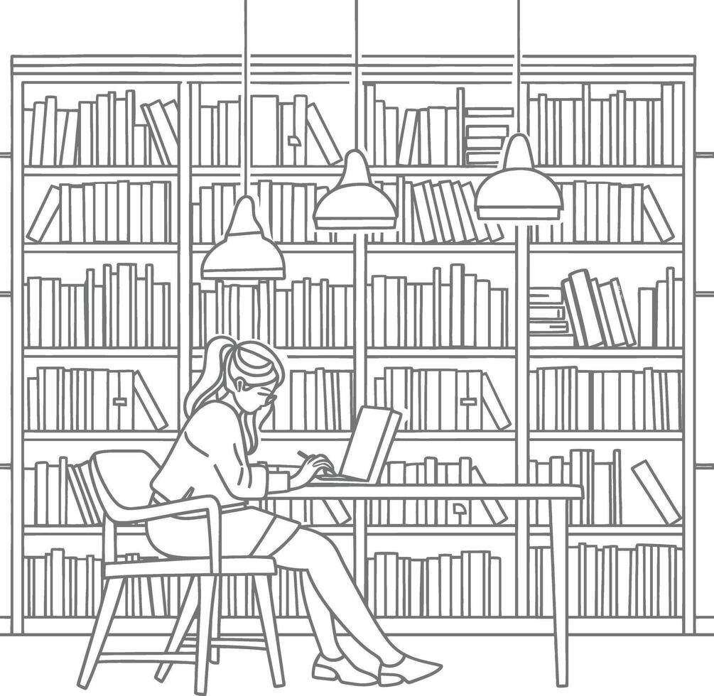 AI generated Outline Illustration for The study room has bookshelves and many book in there vector