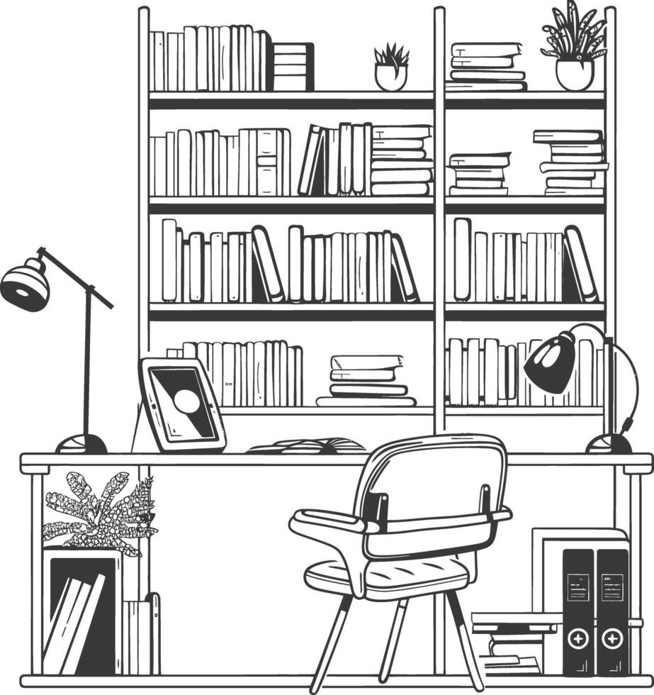 AI generated Outline Illustration for The study room has bookshelves and many book in there vector