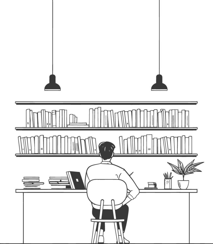 AI generated Outline Illustration for The study room has bookshelves and many book in there vector