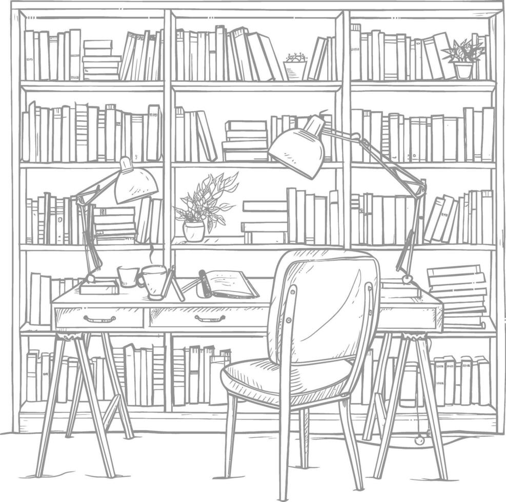 AI generated Outline Illustration for The study room has bookshelves and many book in there vector
