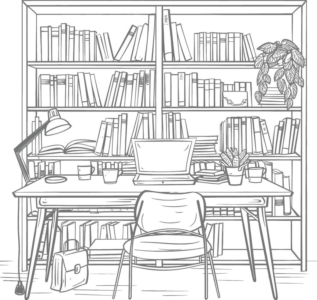 AI generated Outline Illustration for The study room has bookshelves and many book in there vector