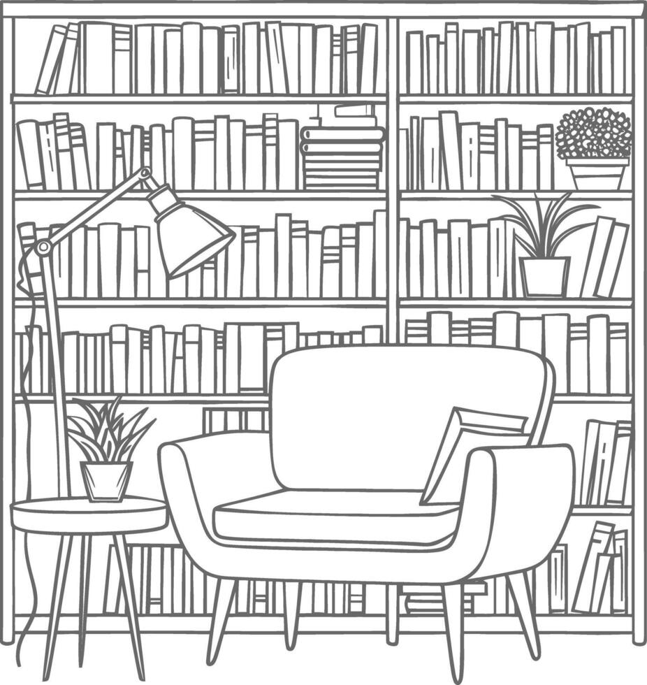 AI generated Outline Illustration for The study room has bookshelves and many book in there vector