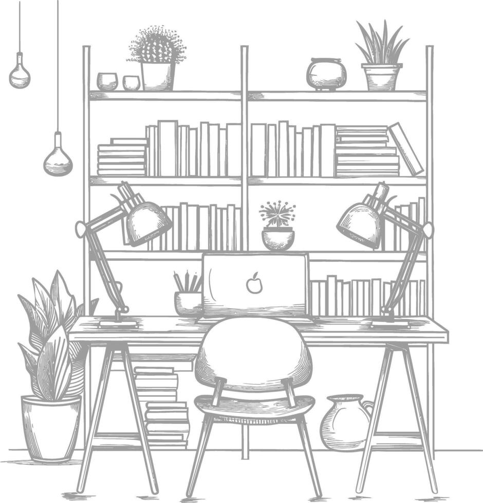 ai generado contorno ilustración para el estudiar habitación tiene estantería y muchos libro en allí vector