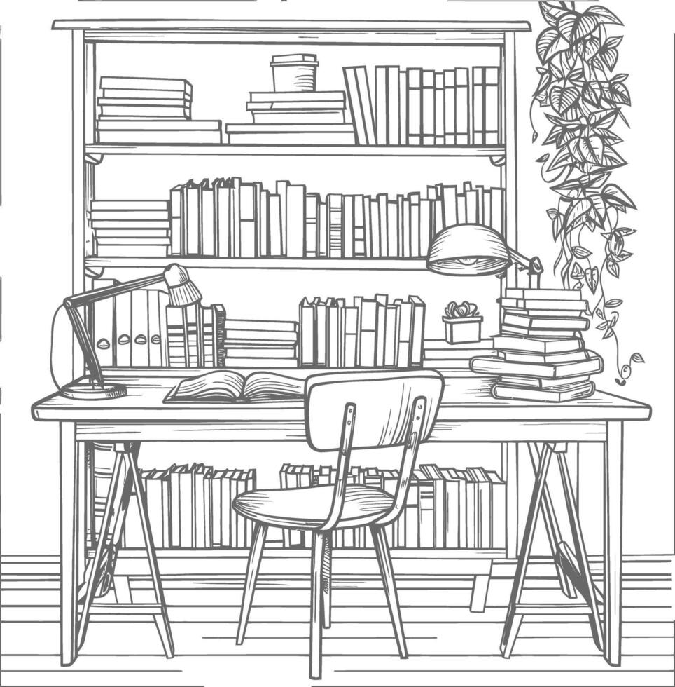 AI generated Outline Illustration for The study room has bookshelves and many book in there vector