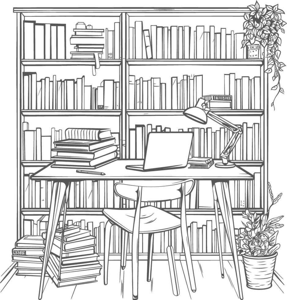 ai generado contorno ilustración para el estudiar habitación tiene estantería y muchos libro en allí vector