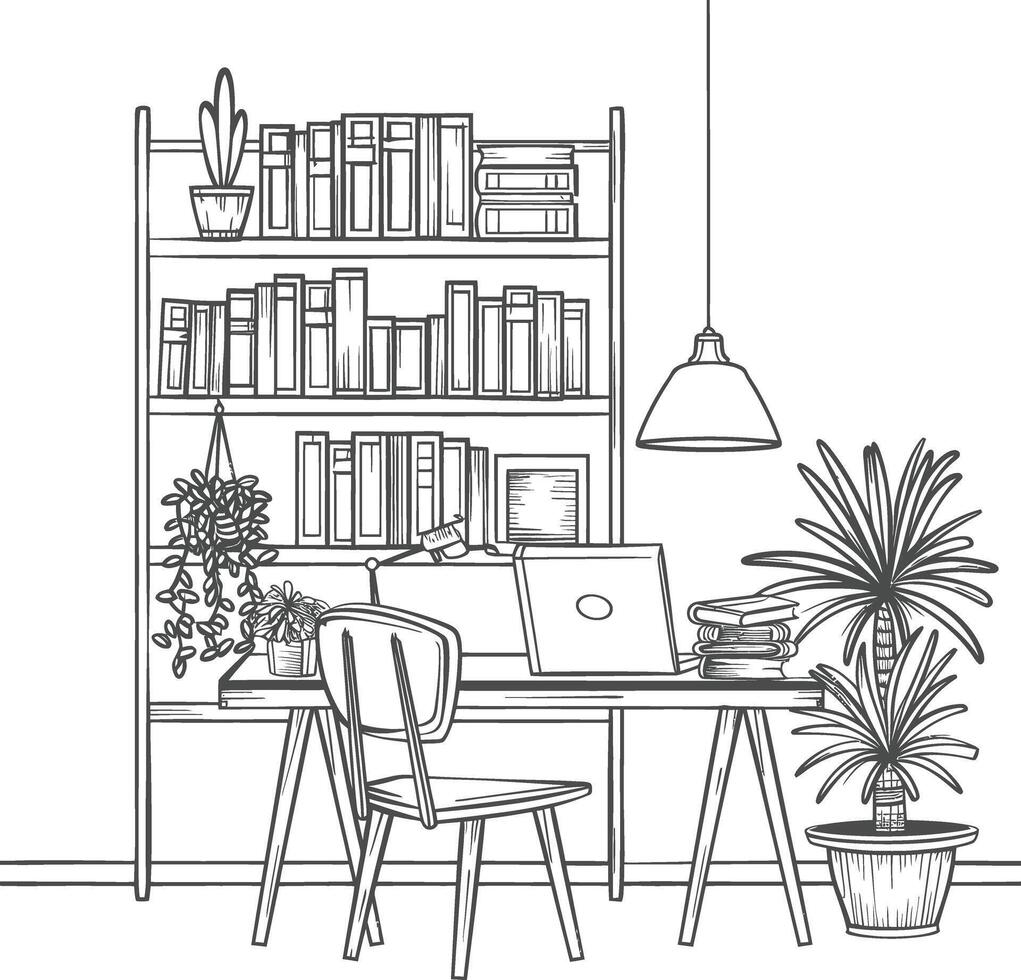 ai generado contorno ilustración para el estudiar habitación tiene estantería y muchos libro en allí vector