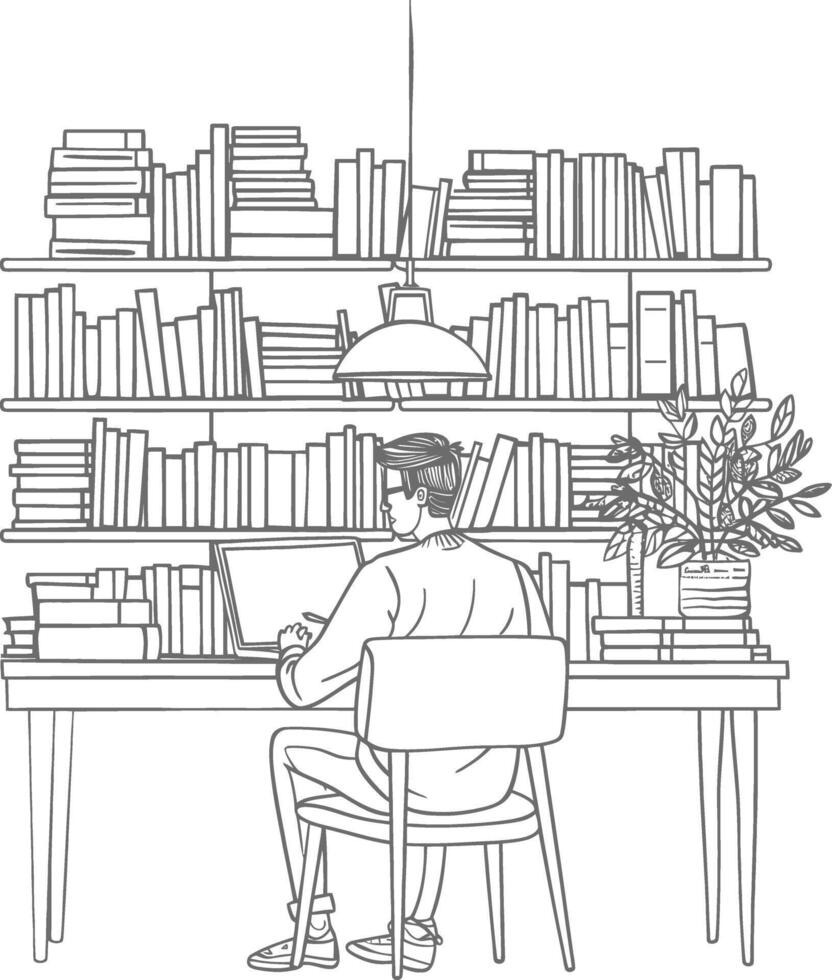 AI generated Outline Illustration for The study room has bookshelves and many book in there vector