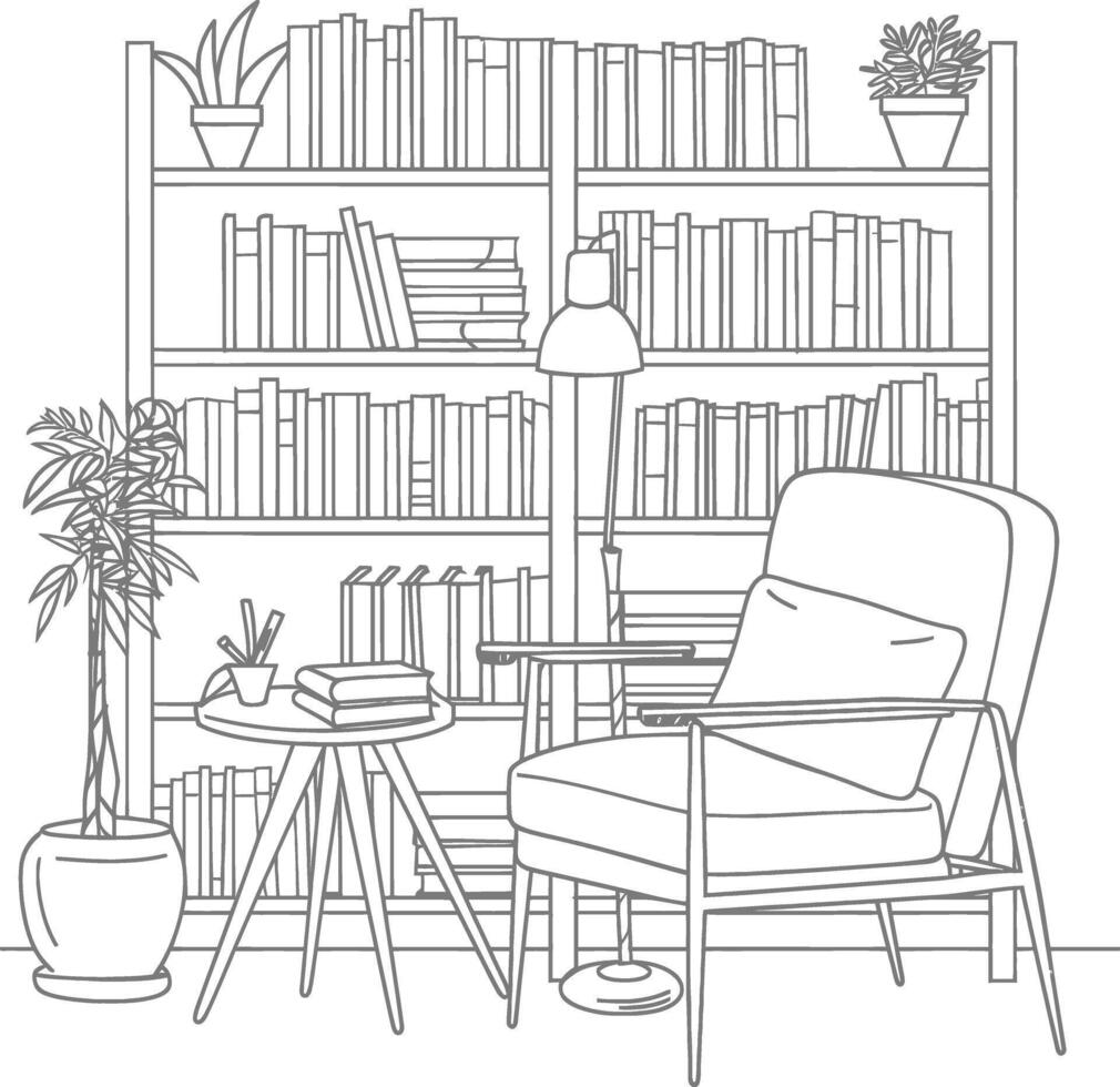 ai generado contorno ilustración para el estudiar habitación tiene estantería y muchos libro en allí vector