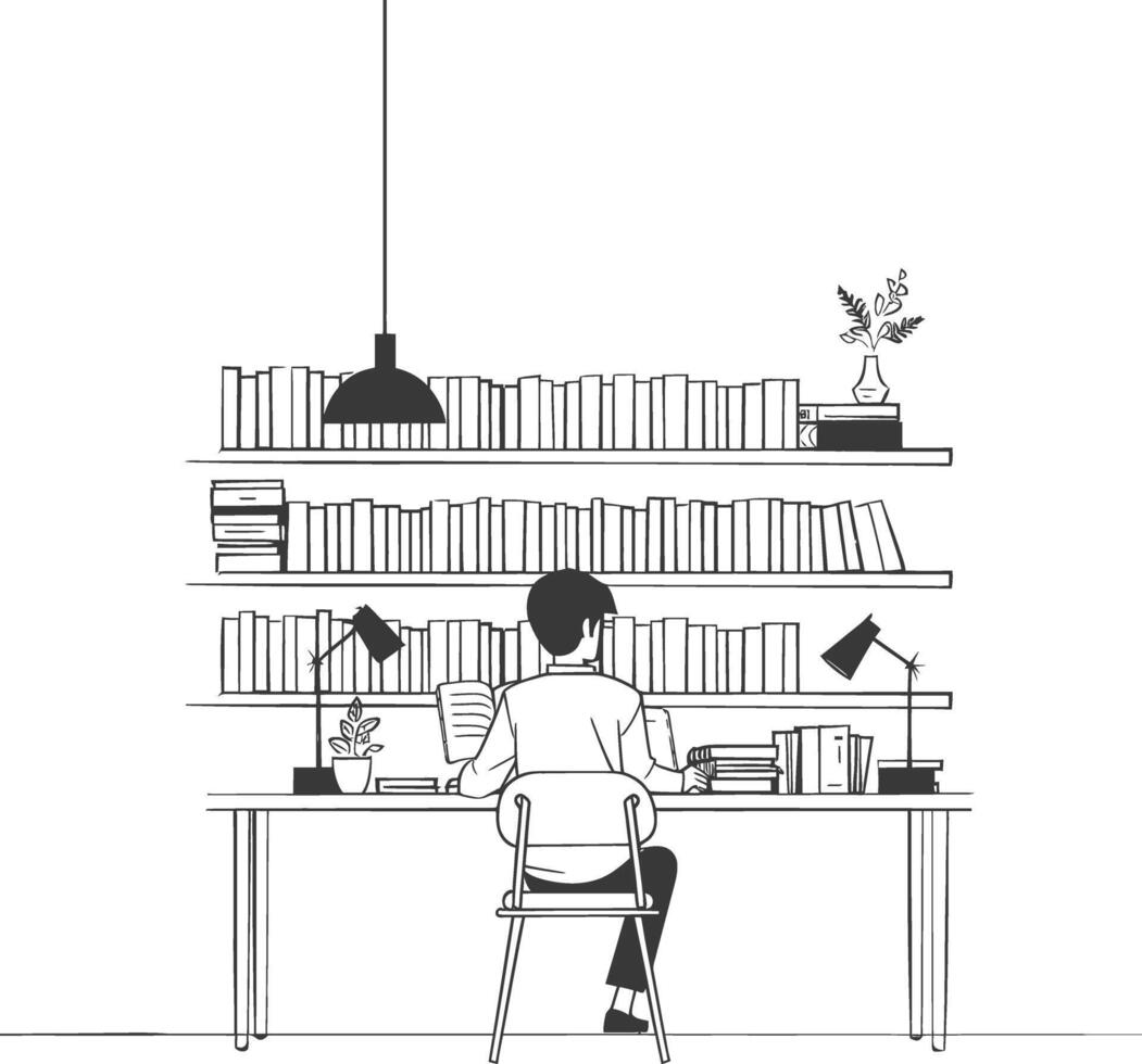 AI generated Outline Illustration for The study room has bookshelves and many book in there vector