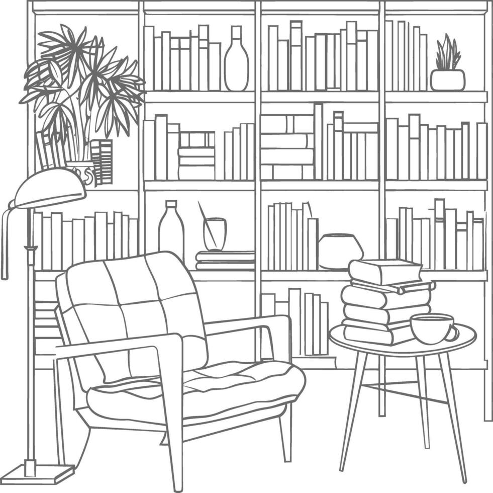 ai generado contorno ilustración para el estudiar habitación tiene estantería y muchos libro en allí vector