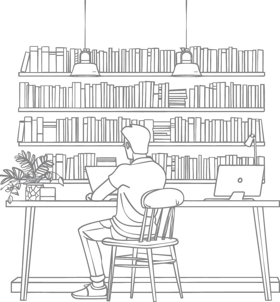 AI generated Outline Illustration for The study room has bookshelves and many book in there vector