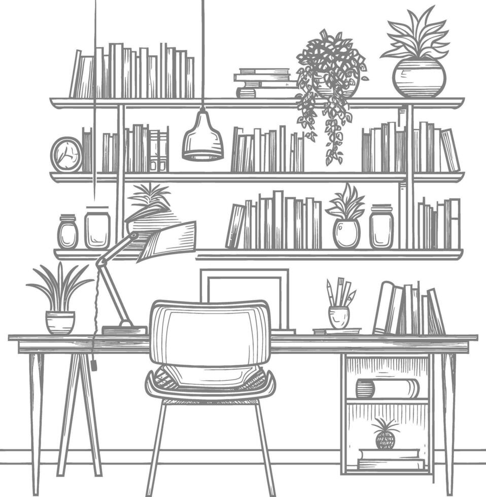 ai generado contorno ilustración para el estudiar habitación tiene estantería y muchos libro en allí vector