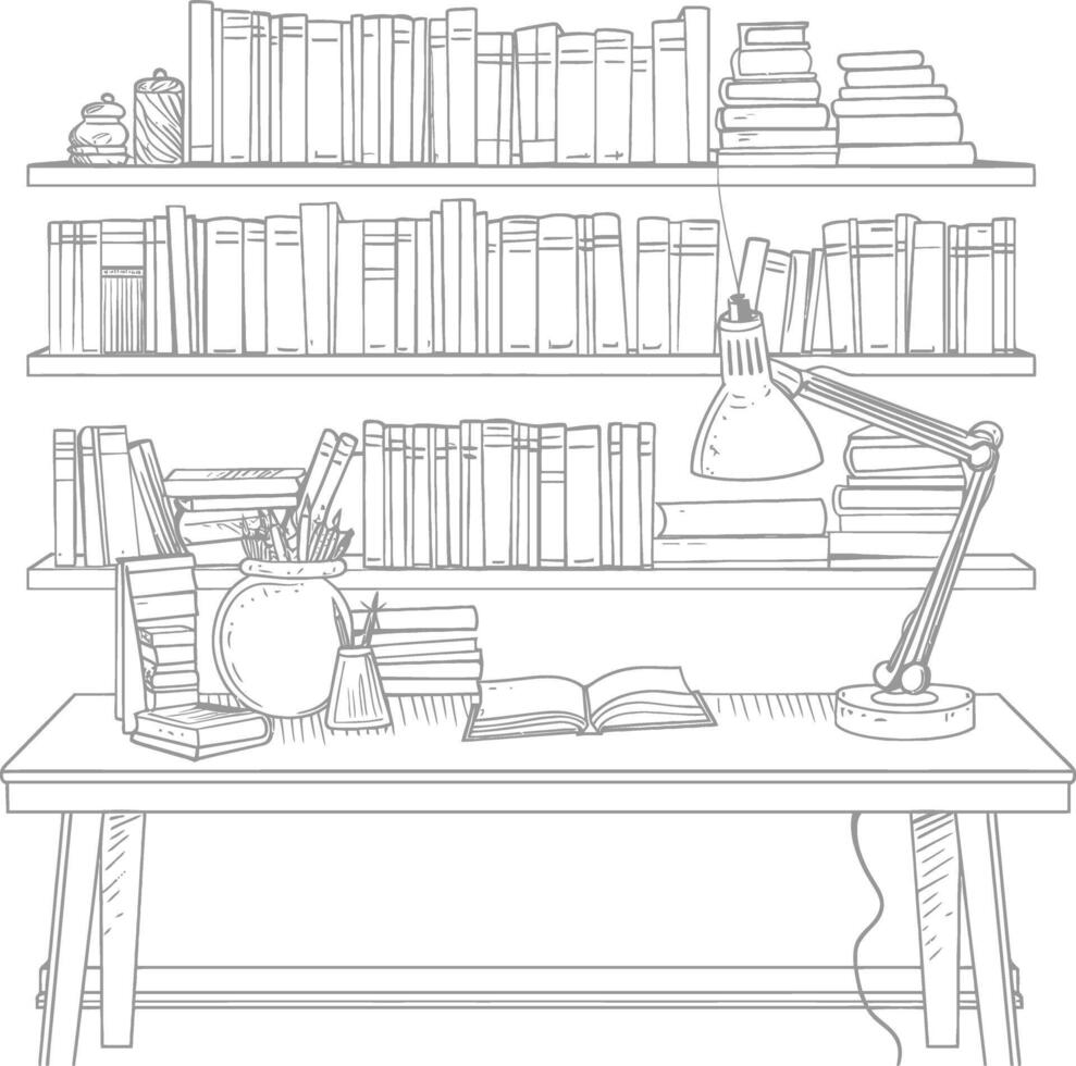 ai generado contorno ilustración para el estudiar habitación tiene estantería y muchos libro en allí vector