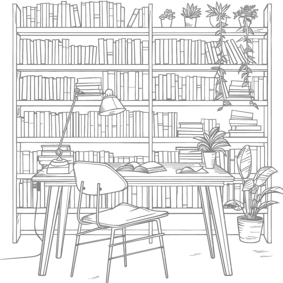 AI generated Outline Illustration for The study room has bookshelves and many book in there vector