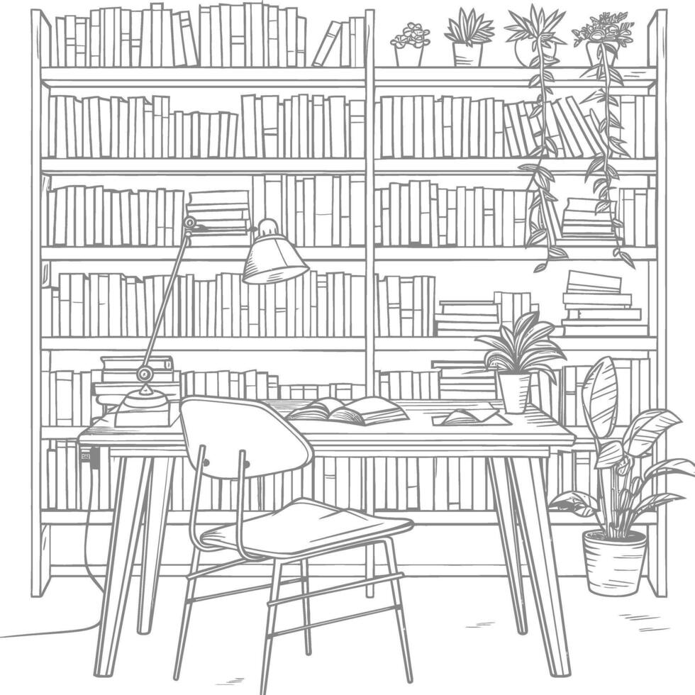 ai generado contorno ilustración para el estudiar habitación tiene estantería y muchos libro en allí vector