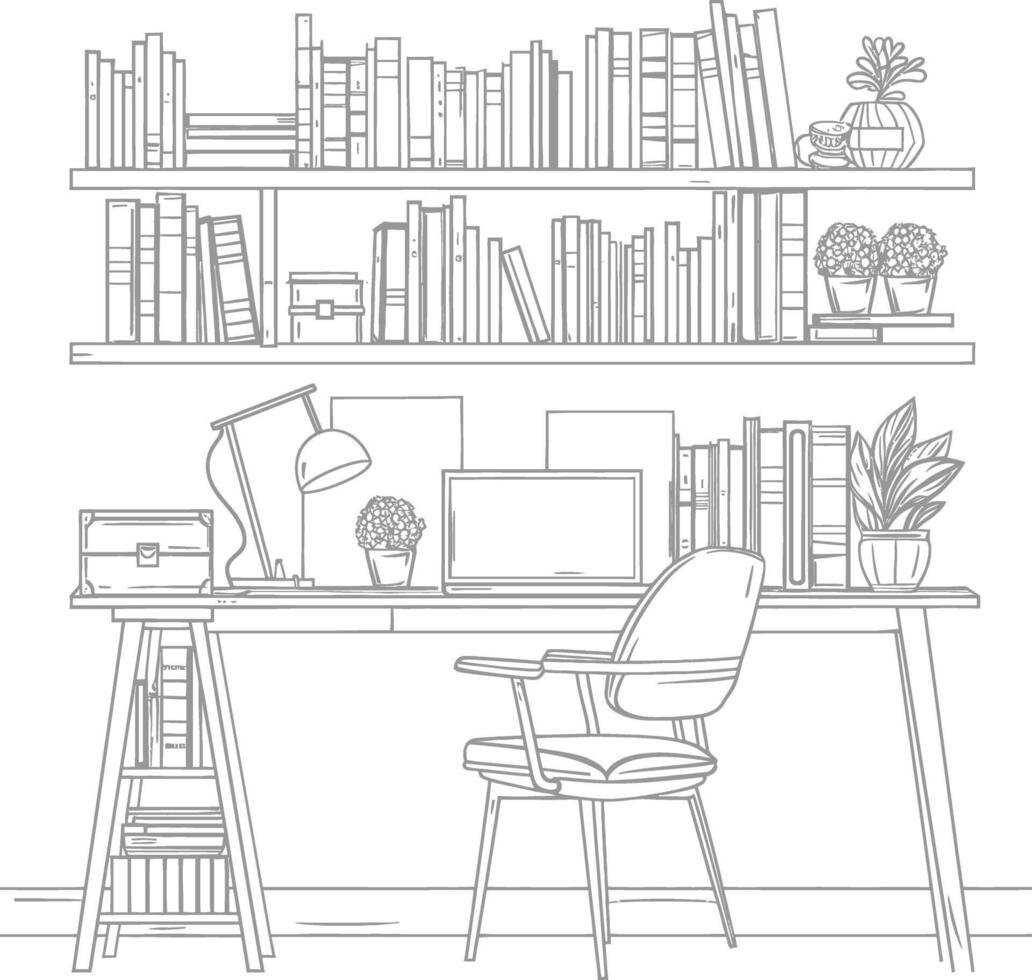 ai generado contorno ilustración para el estudiar habitación tiene estantería y muchos libro en allí vector