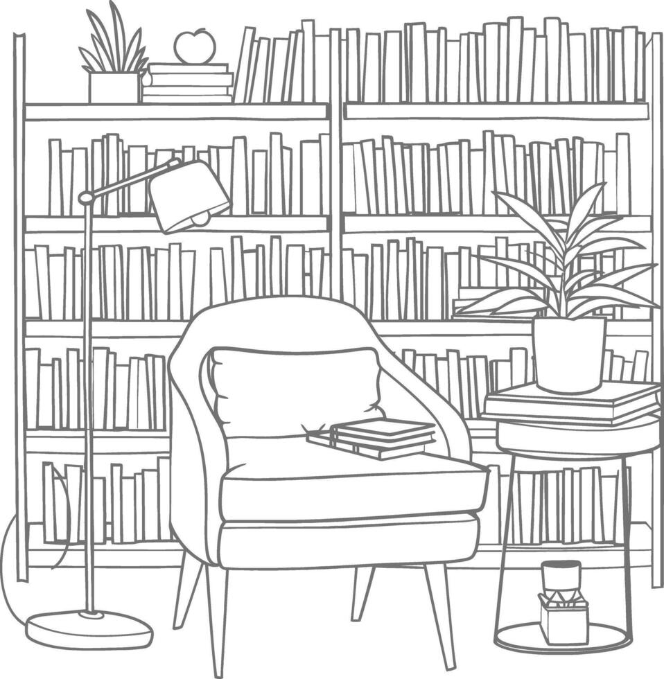 AI generated Outline Illustration for The study room has bookshelves and many book in there vector