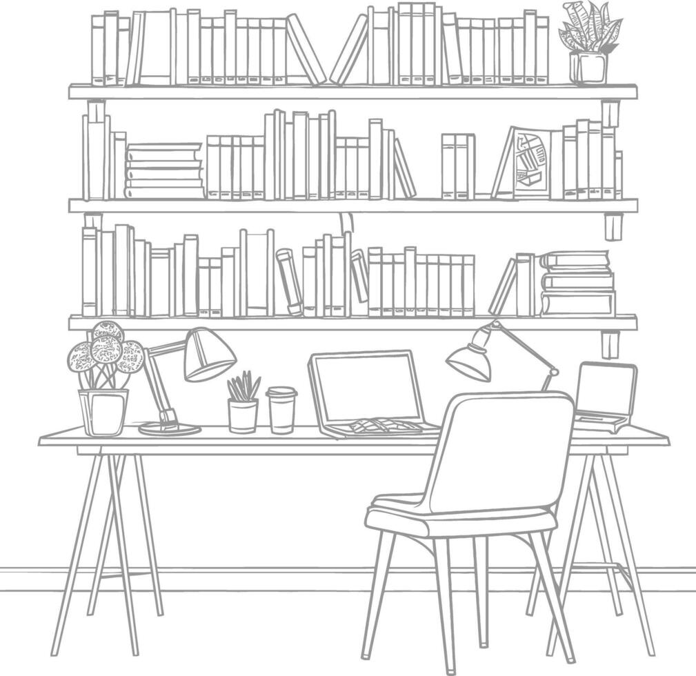 AI generated Outline Illustration for The study room has bookshelves and many book in there vector