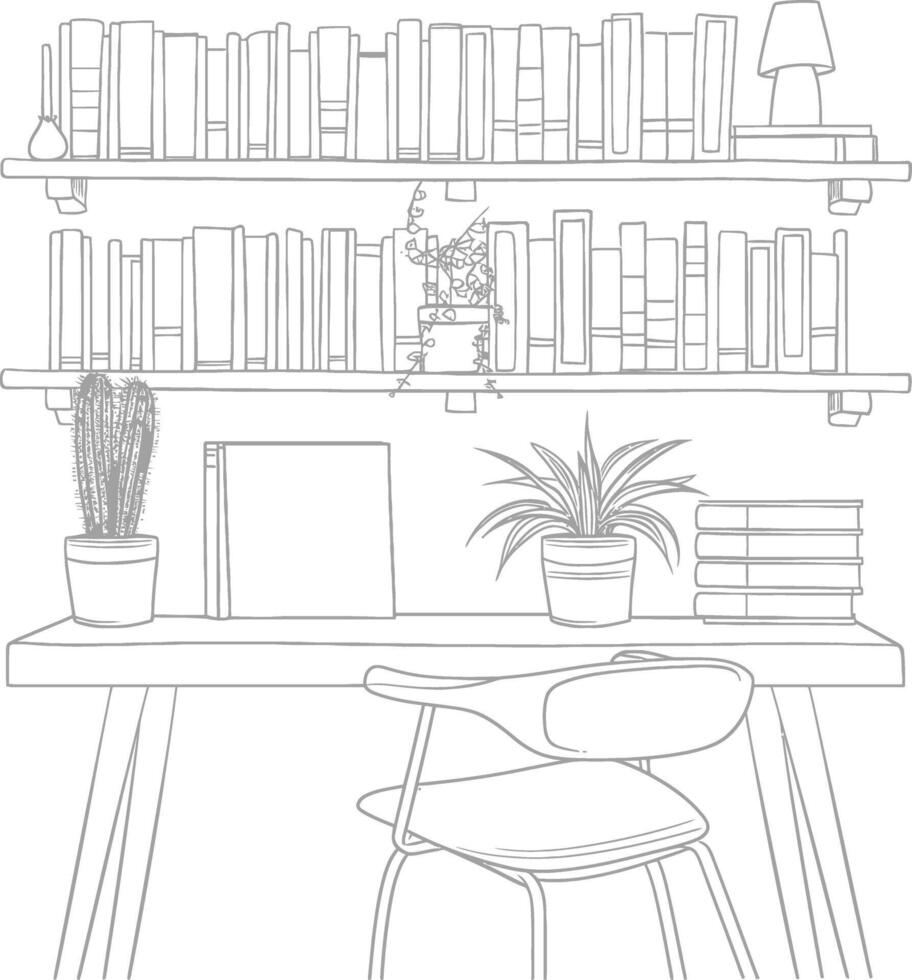 AI generated Outline Illustration for The study room has bookshelves and many book in there vector
