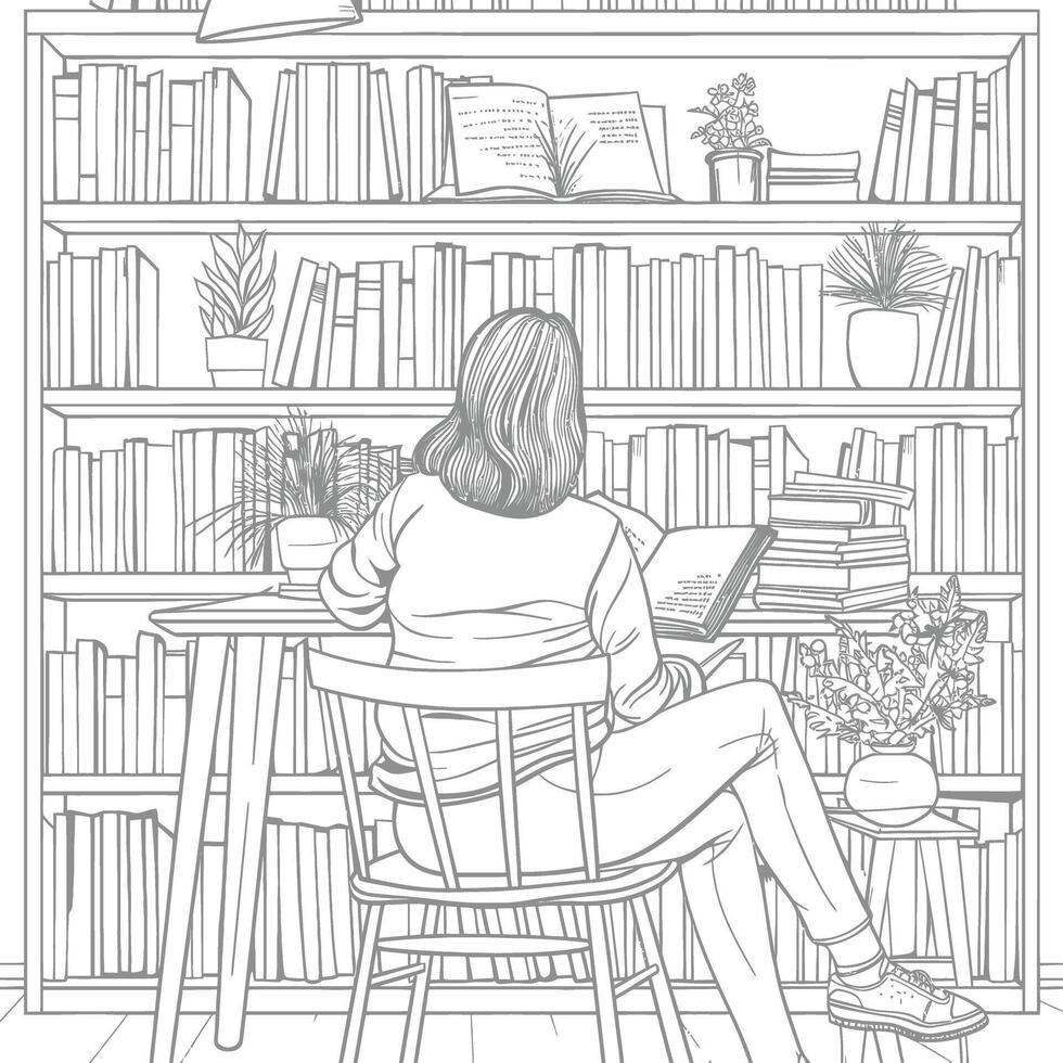 AI generated Outline Illustration for The study room has bookshelves and many book in there vector