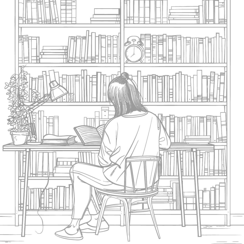 AI generated Outline Illustration for The study room has bookshelves and many book in there vector