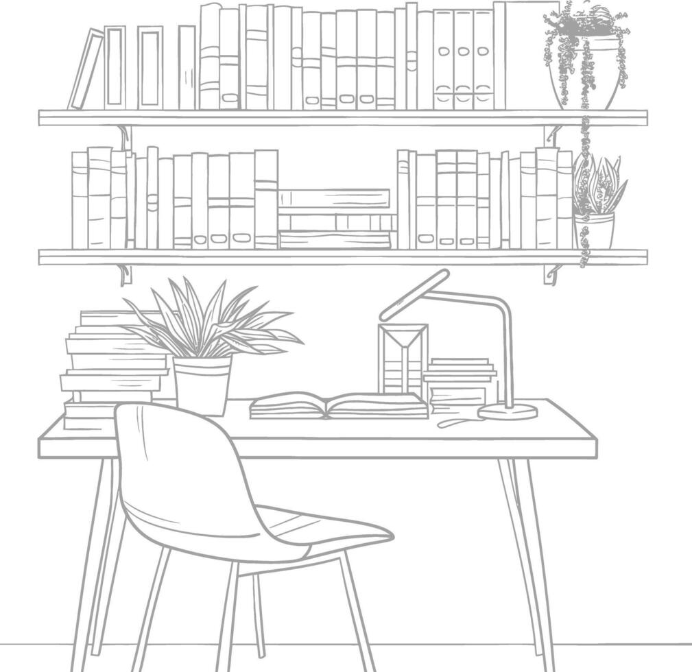 ai generado contorno ilustración para el estudiar habitación tiene estantería y muchos libro en allí vector