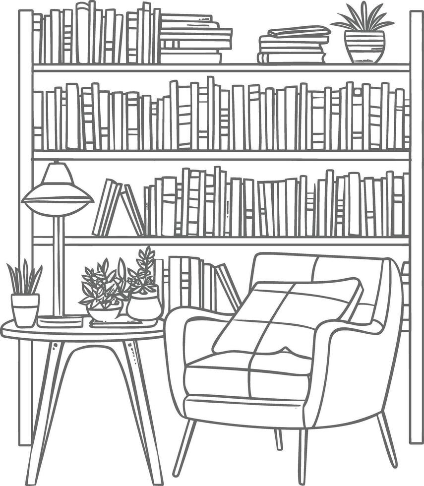 AI generated Outline Illustration for The study room has bookshelves and many book in there vector