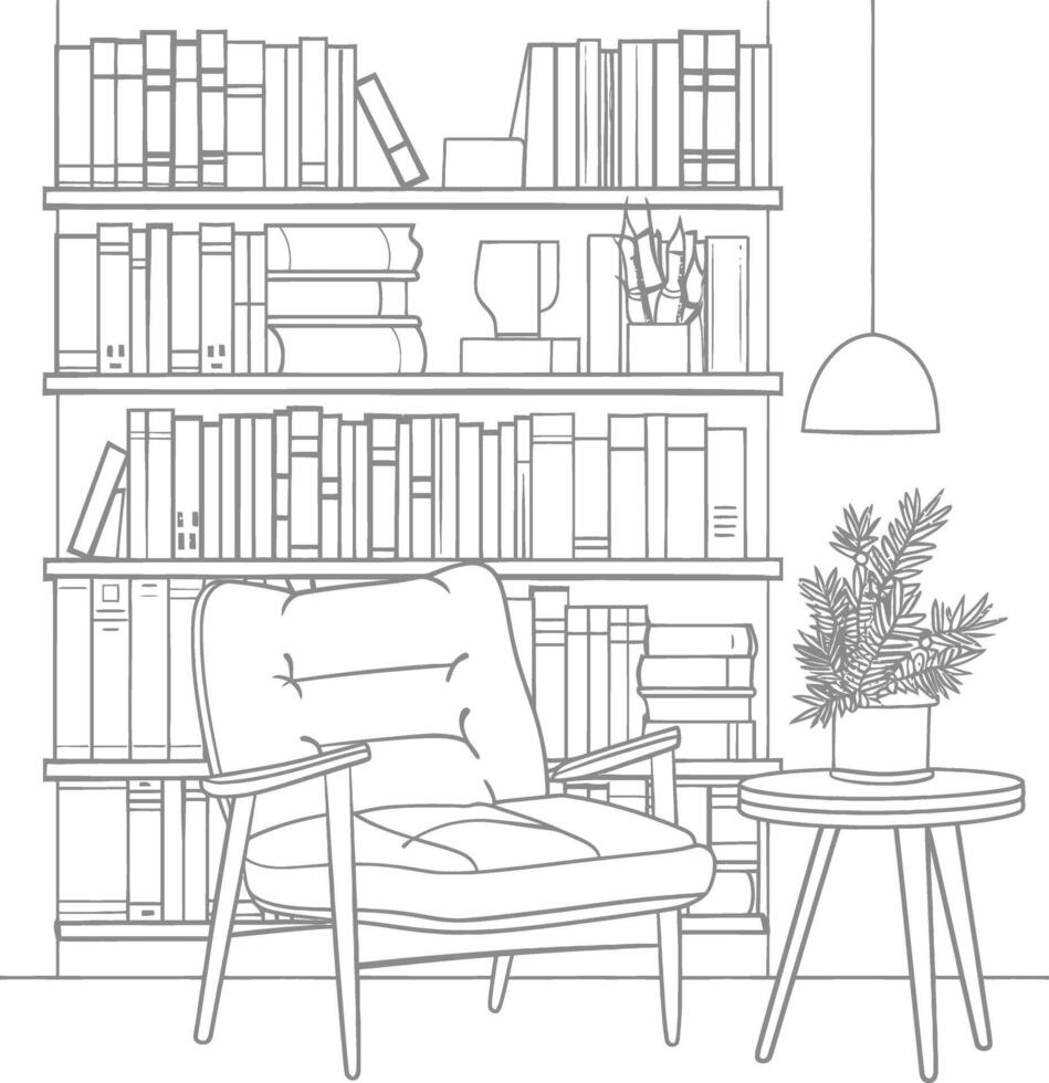 ai generado contorno ilustración para el estudiar habitación tiene estantería y muchos libro en allí vector