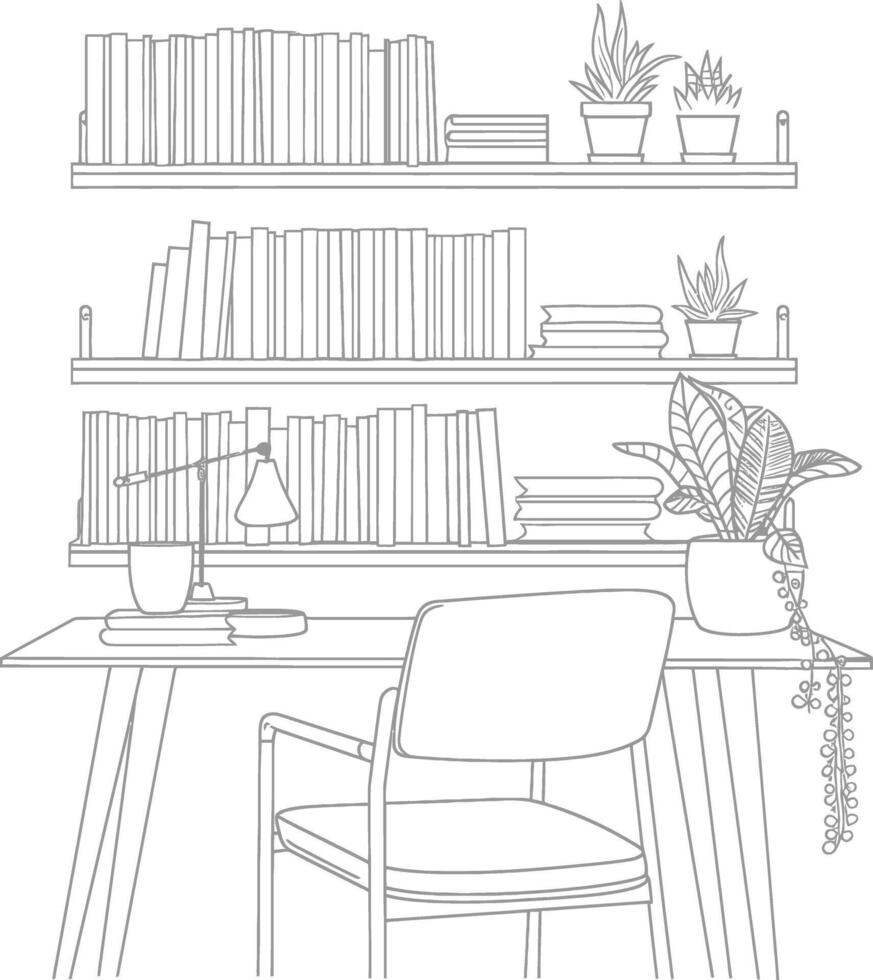 ai generado contorno ilustración para el estudiar habitación tiene estantería y muchos libro en allí vector